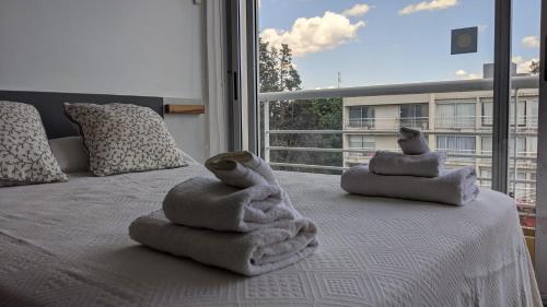 a bedroom with towels on a bed with a window at Concord Pilar Aparts in Pilar