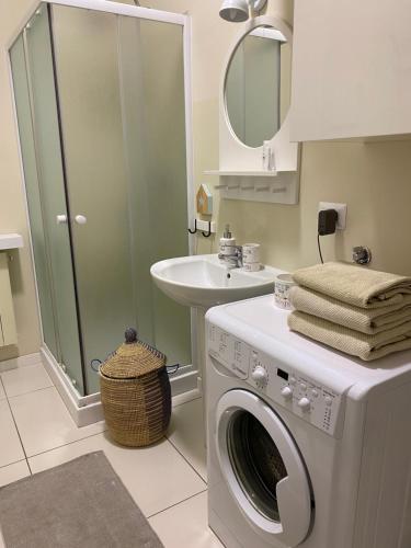 een badkamer met een wasmachine en een wastafel bij La Casa Bianca in Ceriale