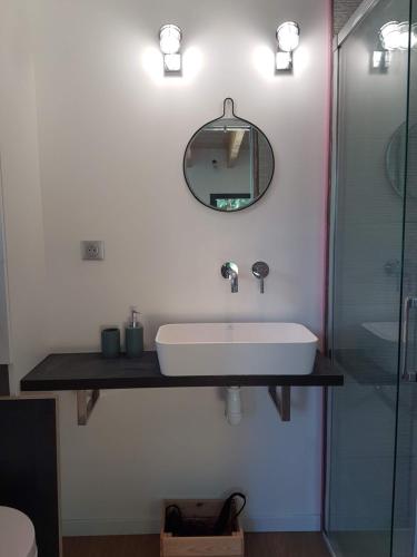ein Bad mit einem Waschbecken und einem Spiegel in der Unterkunft Bed & Breakfast Crosne Plazza & Spa in Crosne
