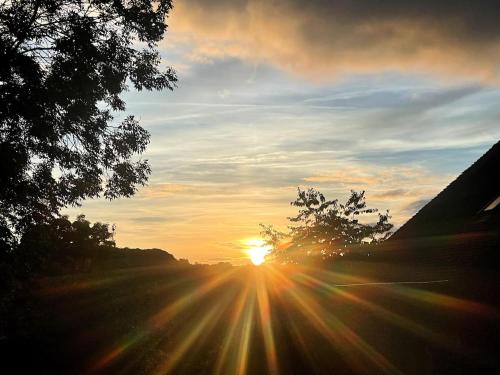 a sunset with the sun shining through the trees at The Farmhouse La Drutière in Saint-Sauveur-de-Carrouges