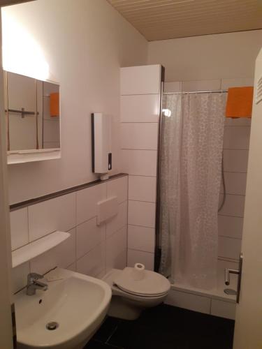 ein Bad mit einem Waschbecken, einem WC und einer Dusche in der Unterkunft TOP! möbliertes Apartment mit Parkplatz Nähe Messe Essen in Mülheim an der Ruhr