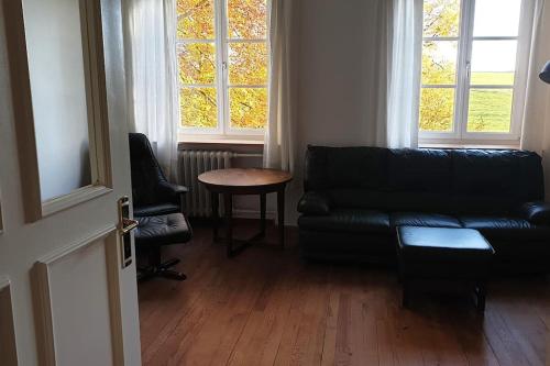 a living room with a black couch and a table at Ferienwohnung in der Villa Sana mit großem Garten in Röfingen