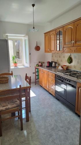 a kitchen with wooden cabinets and a stove top oven at Casa alla Costa in Mormanno