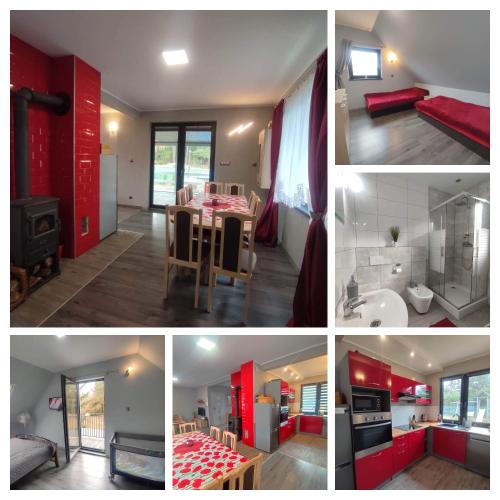a collage of images of a room with red walls at Mazury Dom Oskar nad jeziorem Sasek Wielki z jakuzzi in Szczytno