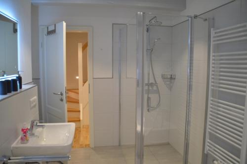 y baño con ducha y lavamanos. en Haus Boldix Whg 1 Aruba en Boldixum