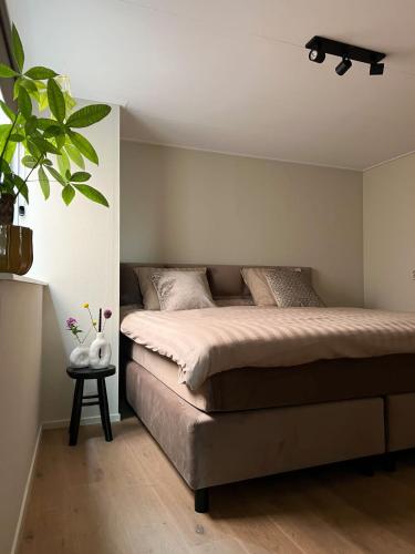 een slaapkamer met een bed en een plant erin bij Reen Luxury Stays - Waterpoort -2 bedrooms, 4 pers in Sneek