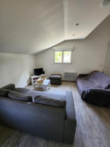 a living room with a couch and a bed at Chalet au cœur des Landes in Ychoux
