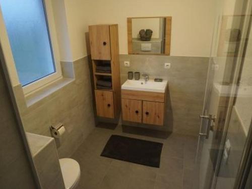 ein Bad mit einem WC, einem Waschbecken und einer Dusche in der Unterkunft Ferienwohnung Haus Redi in Sasbach in der Ortenau