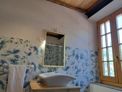 La salle de bains est pourvue d'un lavabo et d'un miroir. dans l'établissement Agriturismo Murera, à Acquapendente