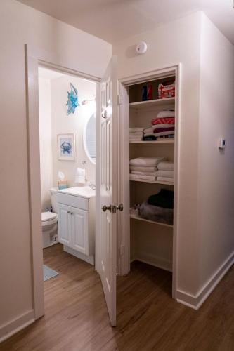 a bathroom with a sink and a toilet and a mirror at Madrona's Guesthouse- Convenient location, pet friendly in Charleston