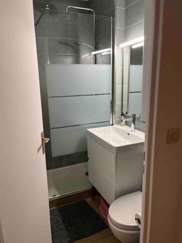 une salle de bain avec des toilettes blanches et un lavabo dans l'établissement T3 - parking - plage / 6 personnes, au Barcarès