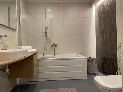 a bathroom with a shower and a tub and a sink at Uus 30 Apartments in Tallinn