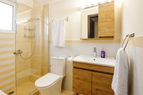 e bagno con servizi igienici, doccia e lavandino. di Marathon Luxury Suites - 2 bedroom a Schinias