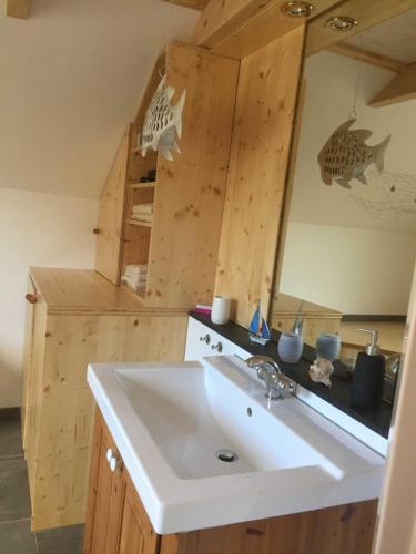 a bathroom with a sink and a mirror at Ferienhaus Kaept n Poldi 25192 in Bunde