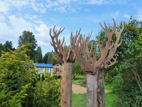 two wooden statues of deer heads in a garden at Glamping Fluffy Horns - Glempings Pūkainie Ragi in Plieņciems