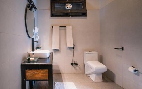 Un baño con inodoro, lavabo y ducha. en Offto Resort Hunza, en Hunza