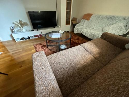uma sala de estar com um sofá e uma mesa de vidro em Gemütliches & zentrales Appartement em Schwäbisch Hall