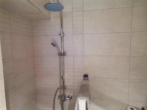 a bathroom with a shower with a toilet in it at Blue central apt 10 min to the port/ wash machine in Lávrion