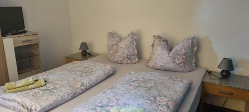 a bedroom with two twin beds with pillows on them at Ferienwohnung Bergidyll in Schwarzenberg (Erzgebirge)