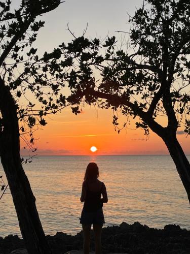 a woman standing on the beach watching the sunset at Casa de las Flores tropical in San Andrés