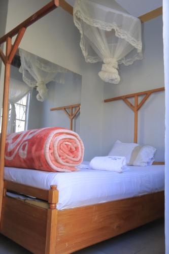 a bedroom with a canopy bed with a red blanket on it at Perfect Guest House Kyotera in Kyotera