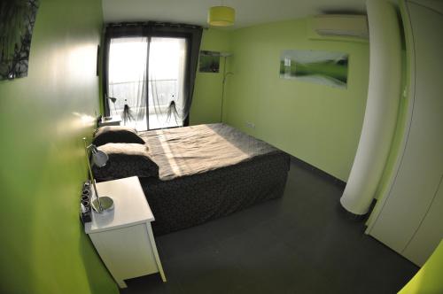 カネ・アン・ルシヨンにあるAlbatrosのベッドと窓が備わる小さな緑の客室です。