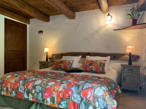 a bedroom with a bed with a colorful comforter at Maison d'hôtes La Bageatière - Lac d'Aiguebelette in Lepin-le-Lac