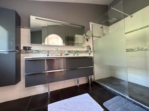 une salle de bain avec une douche, un lavabo et un miroir dans l'établissement Villa paradisiaque 10 couchages, à Mougins