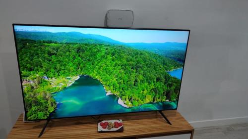 TV de pantalla plana sobre una mesa de madera en Duplex Pinamar norte frente al bosque en Pinamar