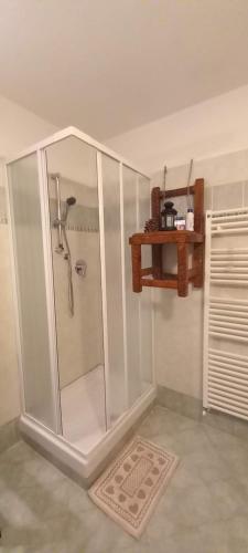 - une cabine de douche dans la salle de bains pourvue d'un tapis dans l'établissement CASA APPARTAMENTO VACANZE La fermata delle rondini, à Castello di Annone