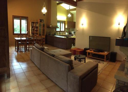 uma sala de estar com um sofá e uma televisão em Agréable chambre d'hôte em Cordes-sur-Ciel