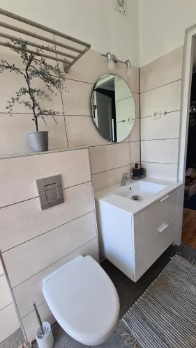 y baño con aseo, lavabo y espejo. en Jūrmalas māja, en Salacgrīva
