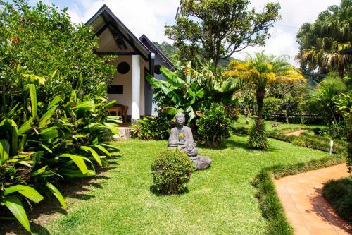 a statue sitting in the grass in front of a house at Hotel Isla Verde in Boquete