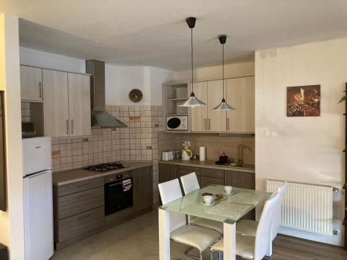 a kitchen with a table and chairs in a kitchen at Central Pécs Bea&Tom in Pécs