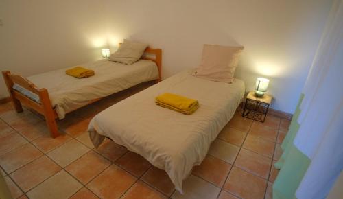 twee bedden in een kamer met twee lichten aan bij Villa au calme sans vis-à-vis in Aouste-sur-Sye