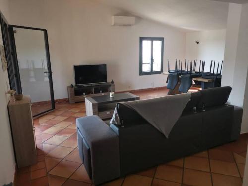 sala de estar con sofá y TV en Haut de villa rénovée en 2023, en Saint-Maime