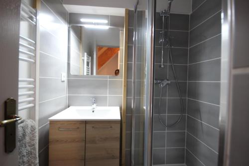 een badkamer met een wastafel en een douche bij DATCHA Joséphine Immobilier in Serre Chevalier