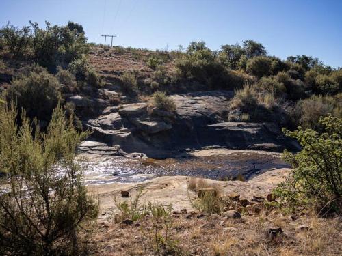 a rocky hillside with bushes and trees on a hill at Mount Lake Cabins in Harrismith