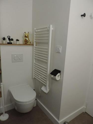 une salle de bains blanche avec des toilettes et une étagère. dans l'établissement LE HAVRE DE BABOU, à Perros-Guirec