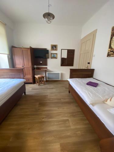 a room with two beds and a tv and a desk at Vila 1921 in Jevišovice