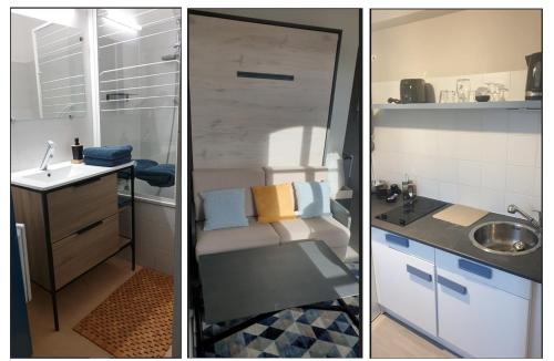 duas fotografias de uma casa de banho com um lavatório e um balcão em Vue Imprenable-Studio-Montauban em Montauban