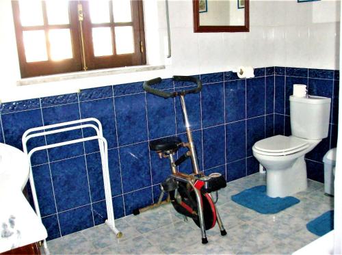 baño de azulejos azules con ciclomotor y aseo en Baleal - Large villa near beach up to 12 PAX+2 CH, en Peniche