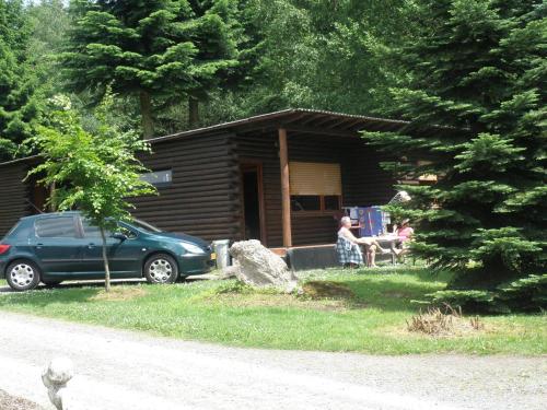 Nice house with sauna and steam bath in a forest في Sellerich: سيارة متوقفة أمام كابينة خشب