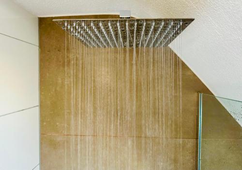 eine Dusche mit Duschkopf in einem Zimmer in der Unterkunft Bergblick-Apartment IStayUnixI Seenähe-Workspace-Netflix I KEINE Monteure in Friedrichshafen