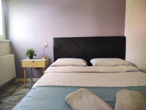 a bedroom with a large bed with a black headboard at BRIGHT CITY CENTER Apartment - FlexibleCheckins in Zagreb