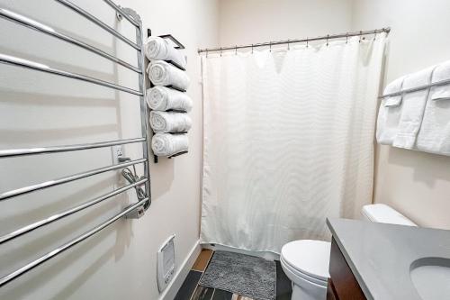 a bathroom with a toilet and a shower at Owl Creek Studio in Stevenson