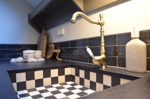 um balcão de cozinha com um lavatório e uma torneira em Vakantiehuis de Bakspieker em Haaksbergen