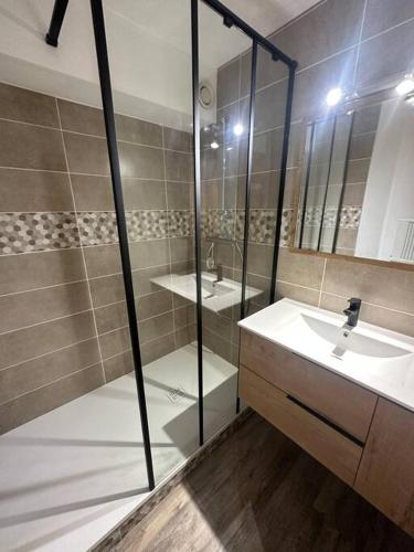 a bathroom with a sink and a glass shower at Studio cabine chaleureux in Corrençon-en-Vercors