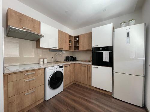 布拉提斯拉瓦的住宿－Spacious apartment near the city centre，厨房配有白色冰箱和洗碗机。
