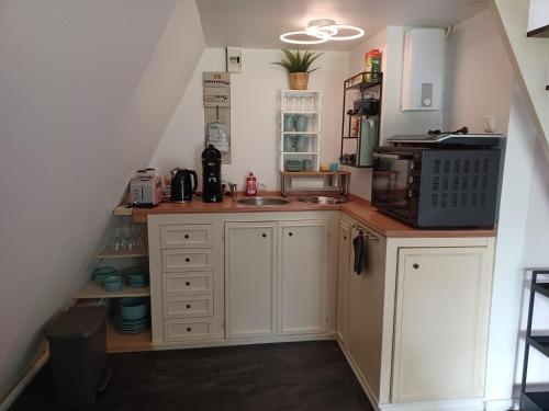 a kitchen with a sink and a microwave at Ferienhaus Elbliebe - kleine Hunde bis 25 cm willkommen in Dannenberg